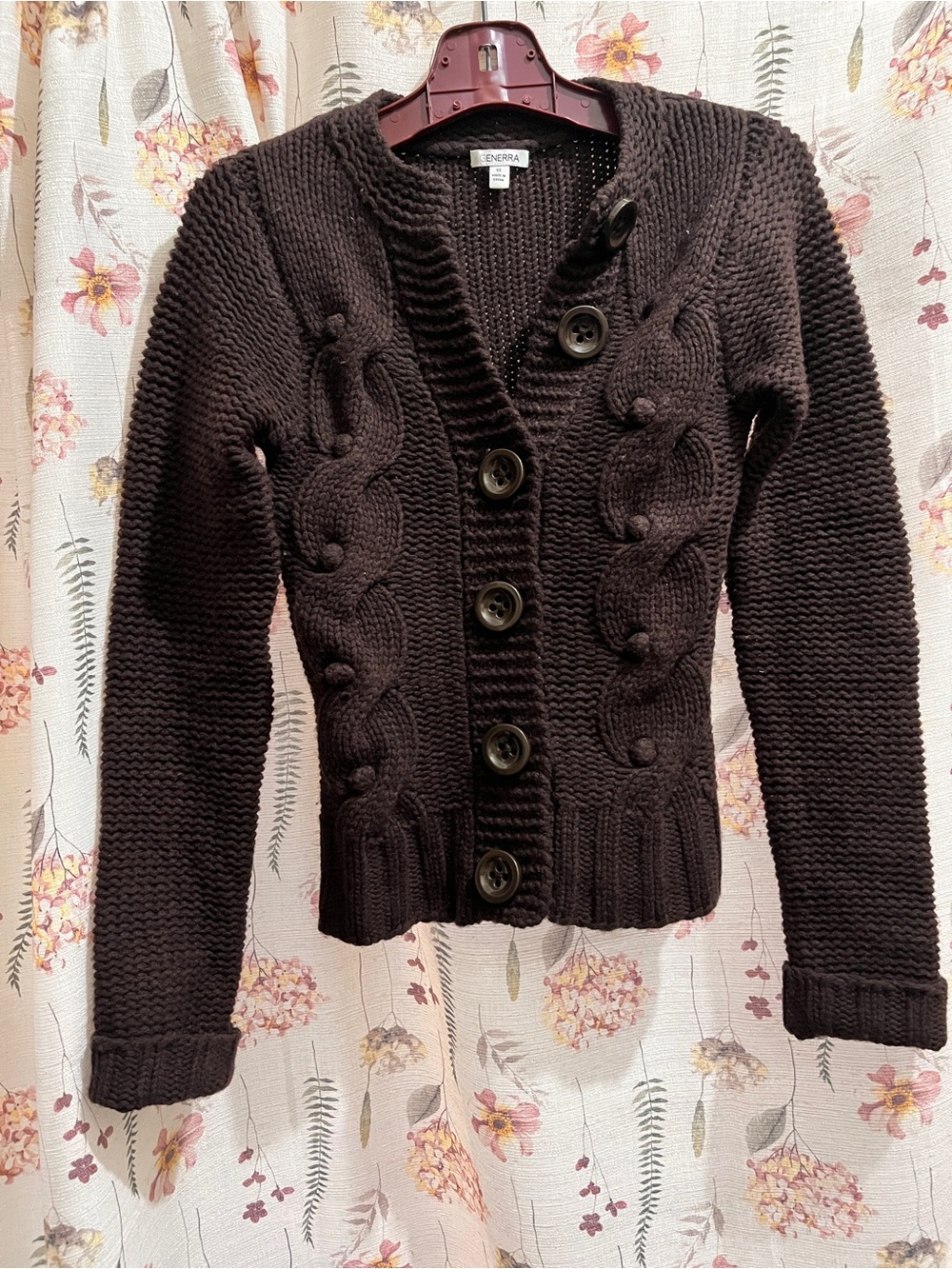 GENERRA Dark Brown Cable Knit Button-Up Cardigan